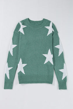 Green drop shoulder sweater with star pattern