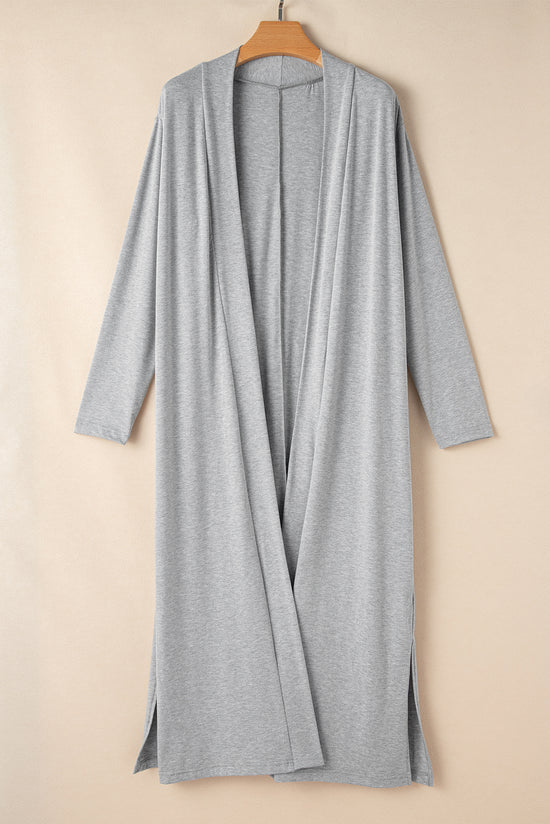 Ensemble de salon avec cardigan long fendu et pantalon slim gris clair