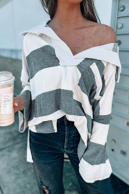 Stripe Oversized Collared Long Sleeve Top