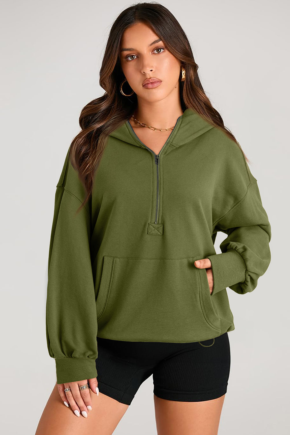 Moss Green Solid Kangaroo Pocket Half Zipper Sampalie de gran tamaño