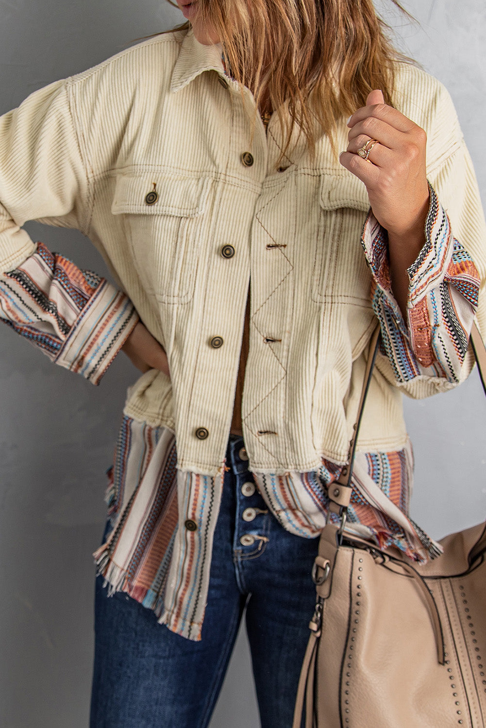 Rib velvet jacket with stripes and buttoned pockets