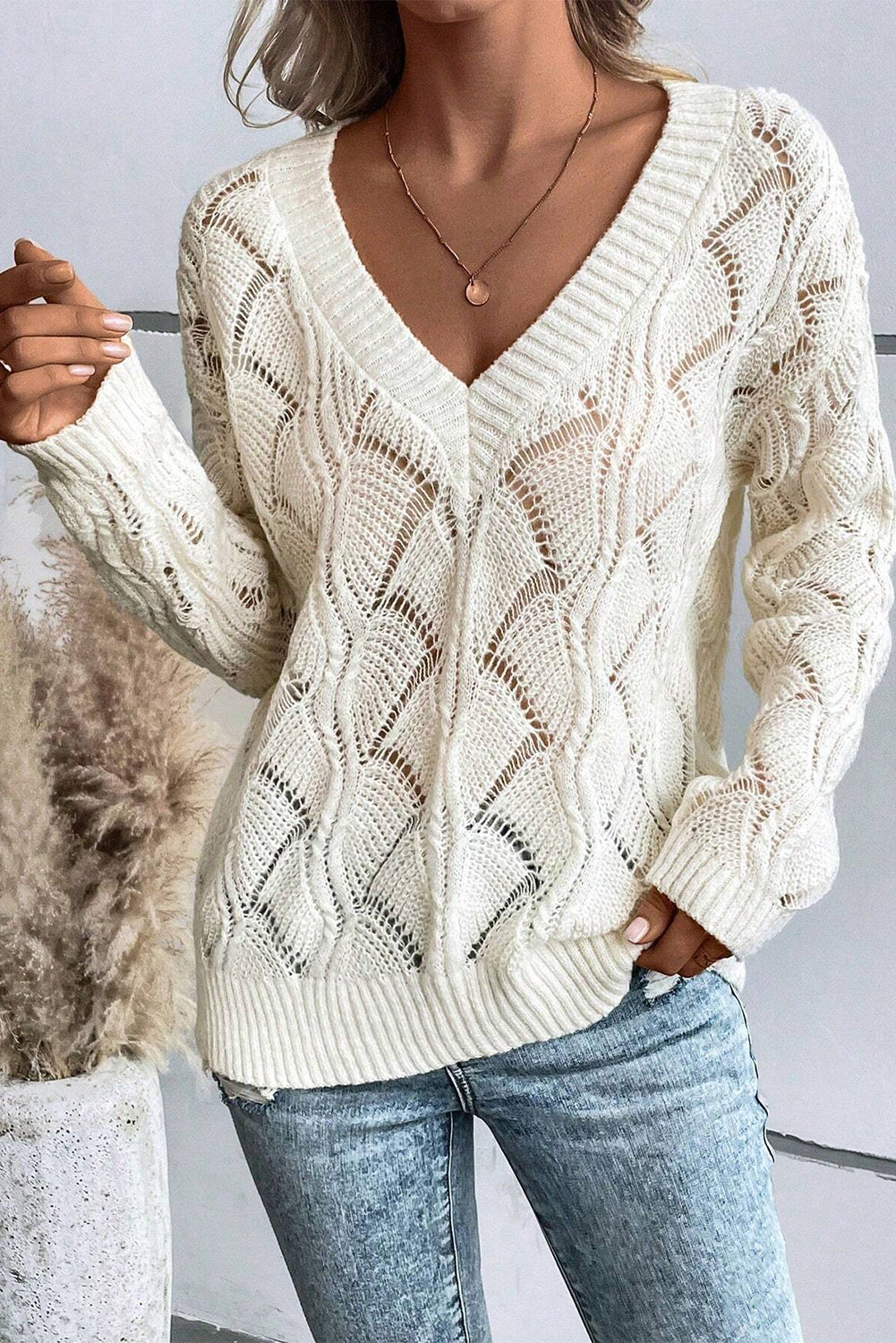 Beige sweater in openwork knit in v * collar