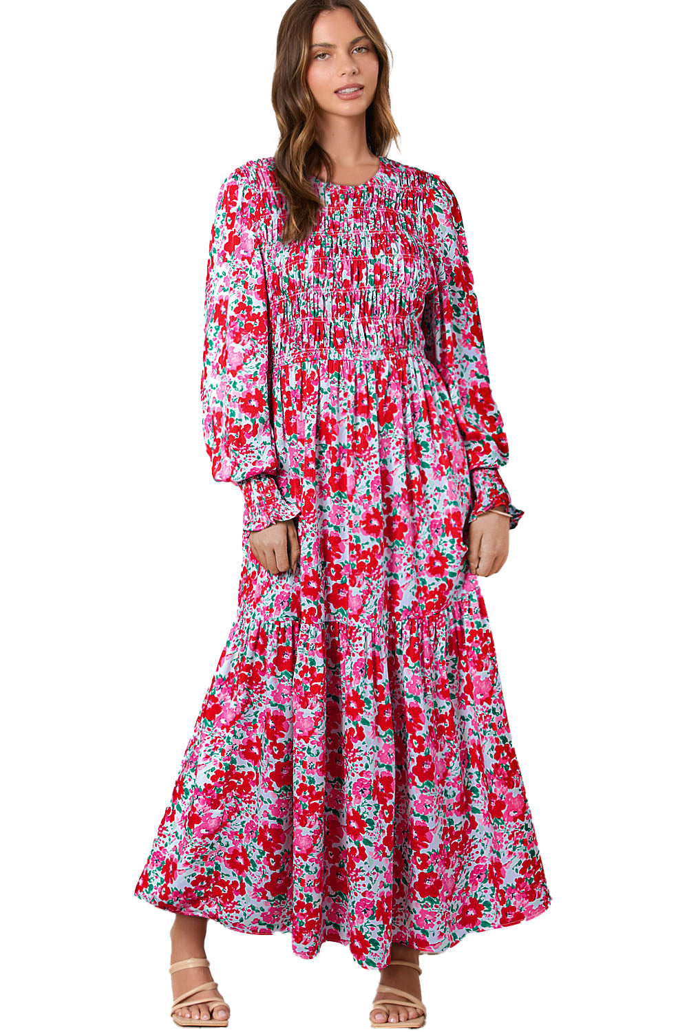 Sky Blue Floral Print Ruffled Lantern Sleeve Smocked Maxi Dress