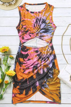 Multicolor Tie Dye Print Hollow Out Twist Bodycon Mini Dress