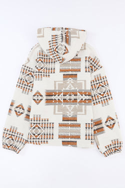 Sudadera con capucha de medio zip beige con impresión azteca y bolsillo de canguro