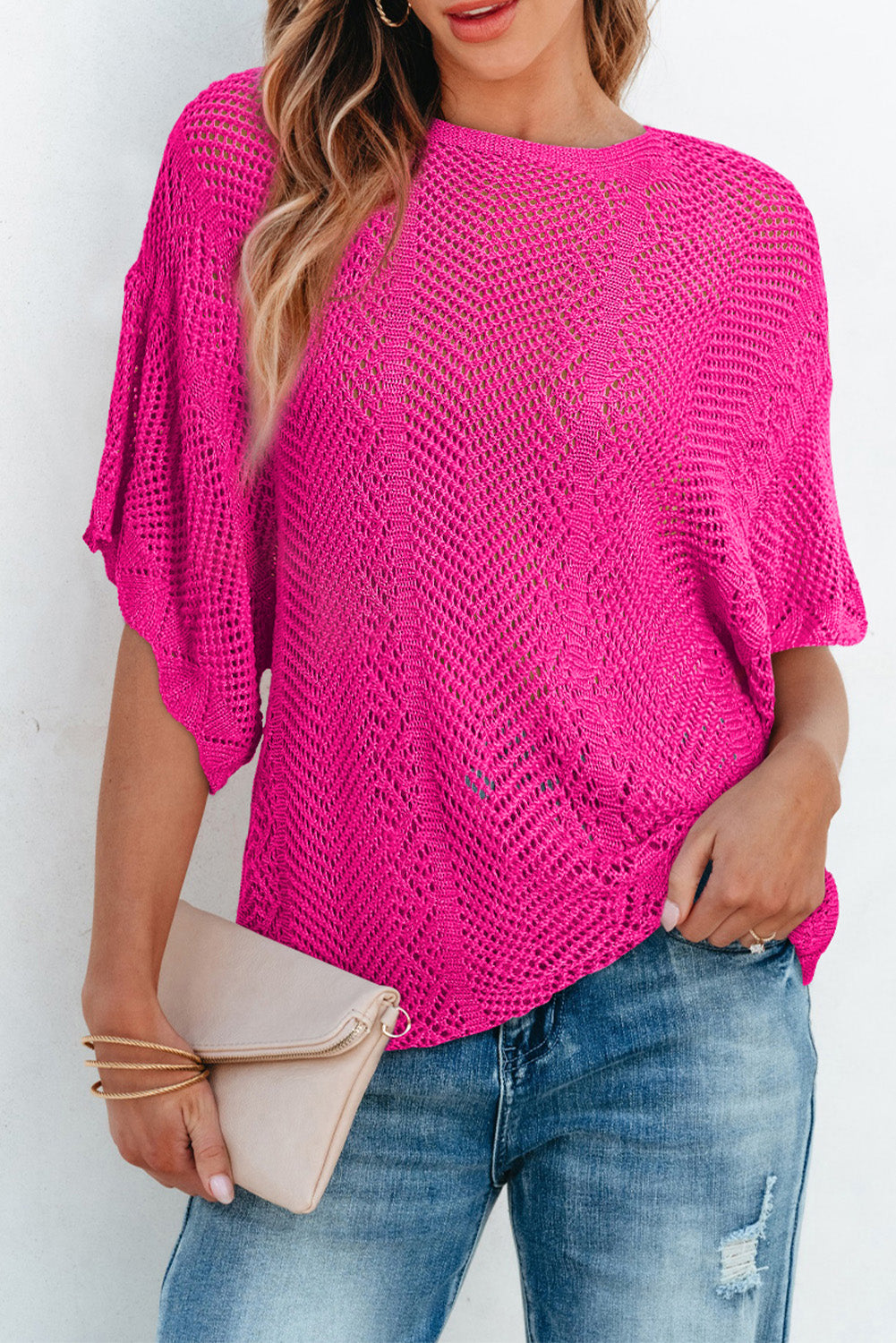 Short -sleeved pink roller -knitting top with scalloped edges