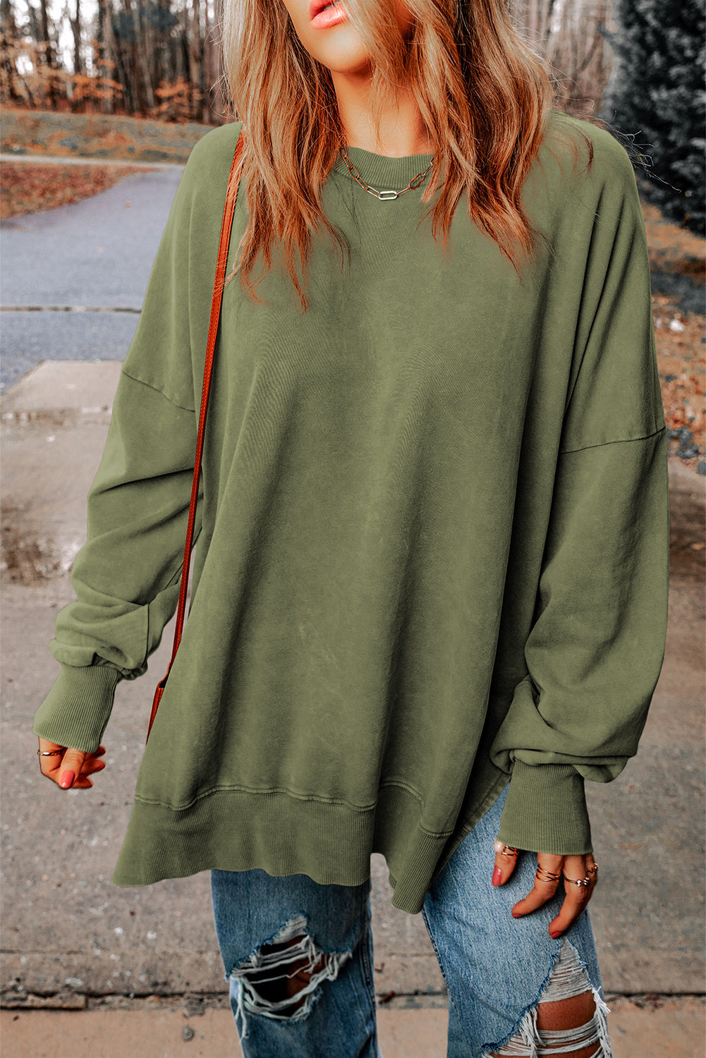 Sudadera verde de gran tamaño de gran tamaño con transbordadora y borde acanalado