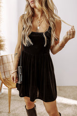 Black Velvet Sleeveless High Waist Mini Dress with Square Neck and Pockets