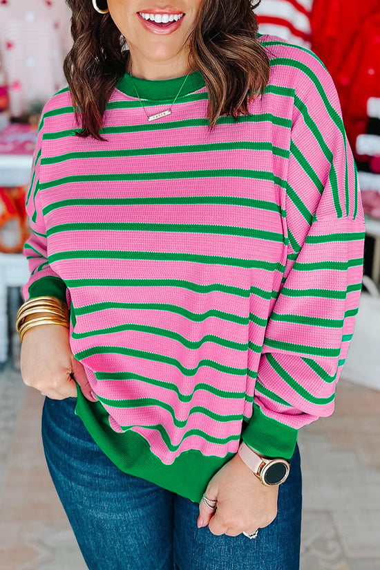 Plus Size Pink Striped Waffle Knit Crew Neck Sweatshirt