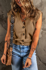 Buttoned sweater vest on the front with a v parchment collar