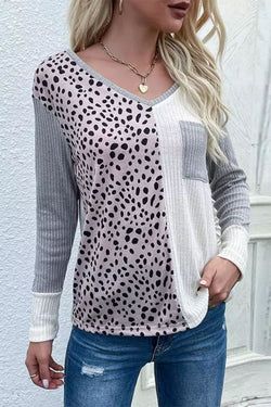 Leopard Patchwork Ribbed V-Neck Top