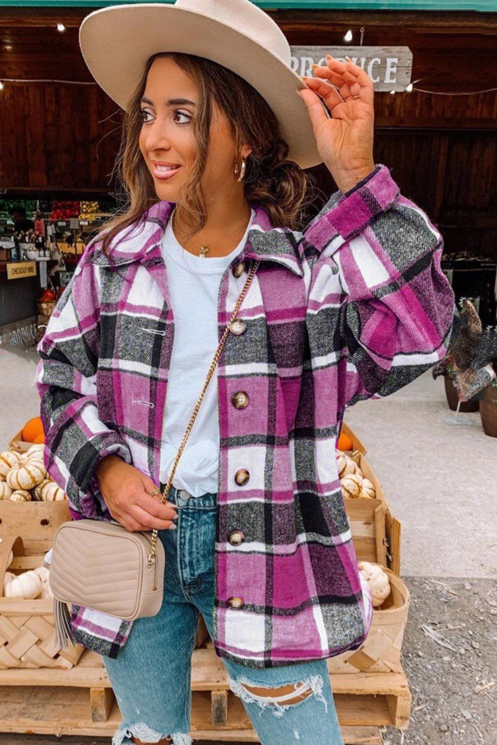 Rose Plaid Druckknopf Hemdjacke