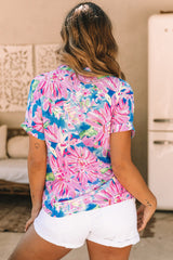 Chemisier à manches courtes roulé à col en V et imprimé floral abstrait rose-A WOMAN WE LOVE