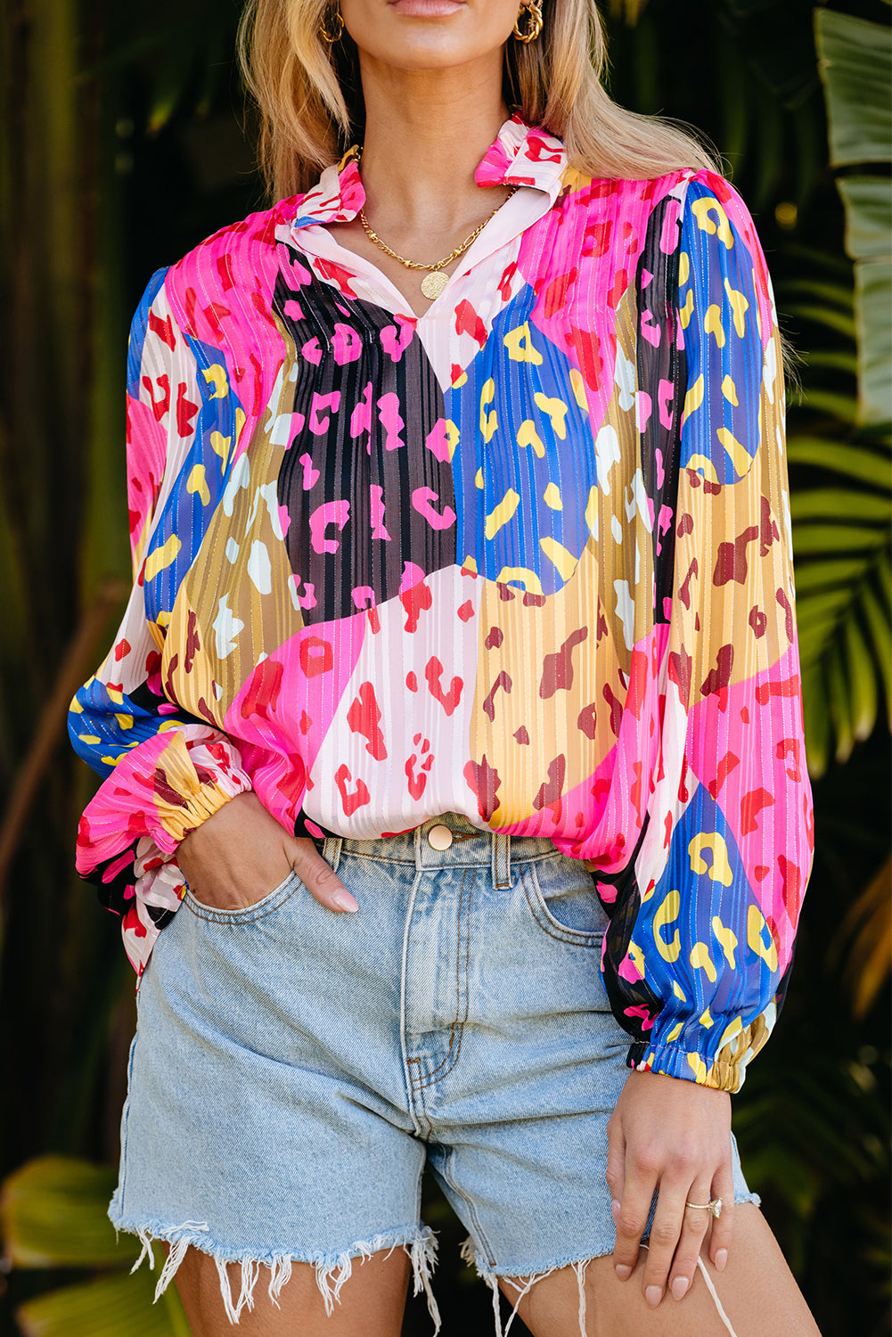 Blouse plissée à imprimé patchwork Rose Leopard