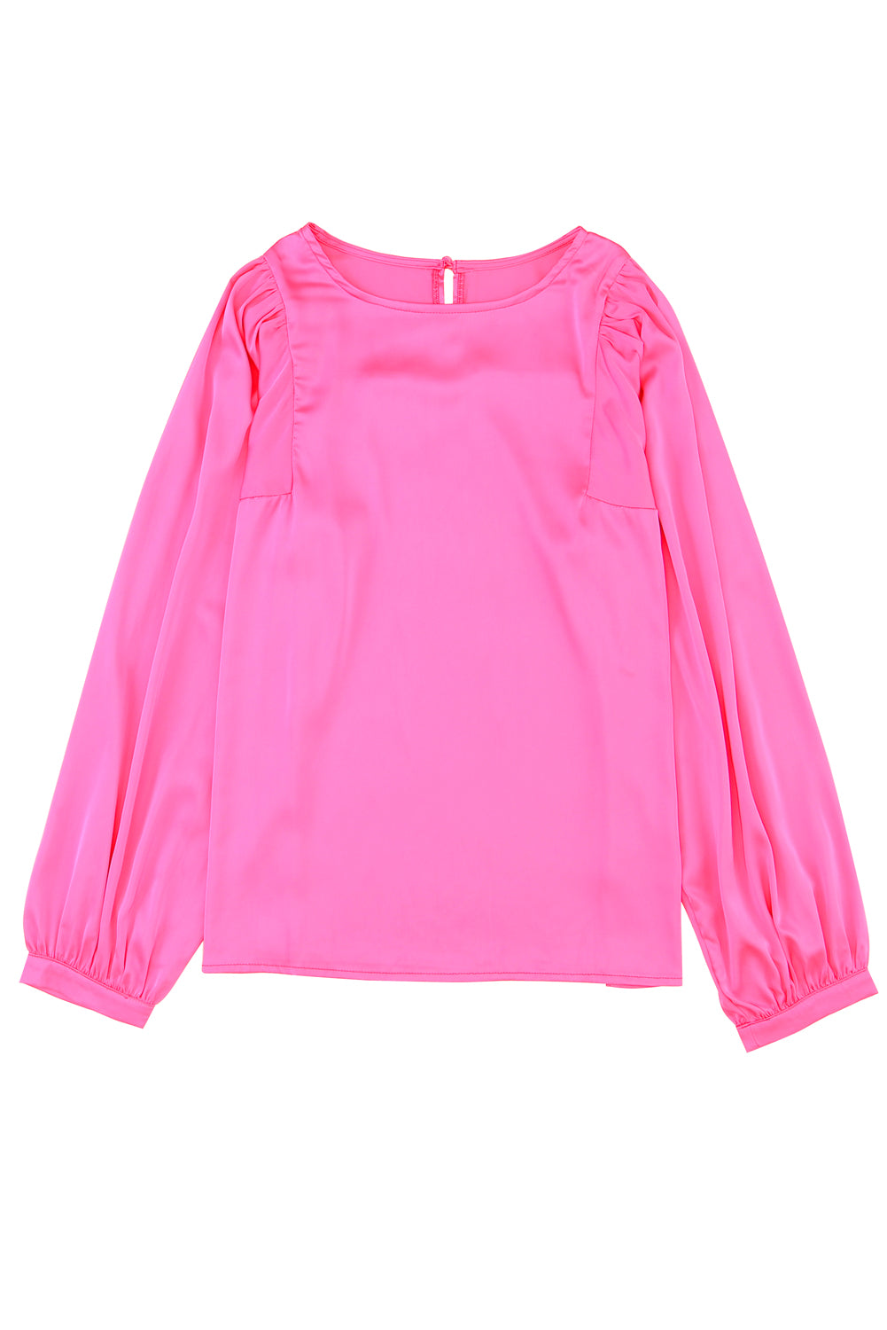 Pink Satin Puff Langarm Crewneck Bluse