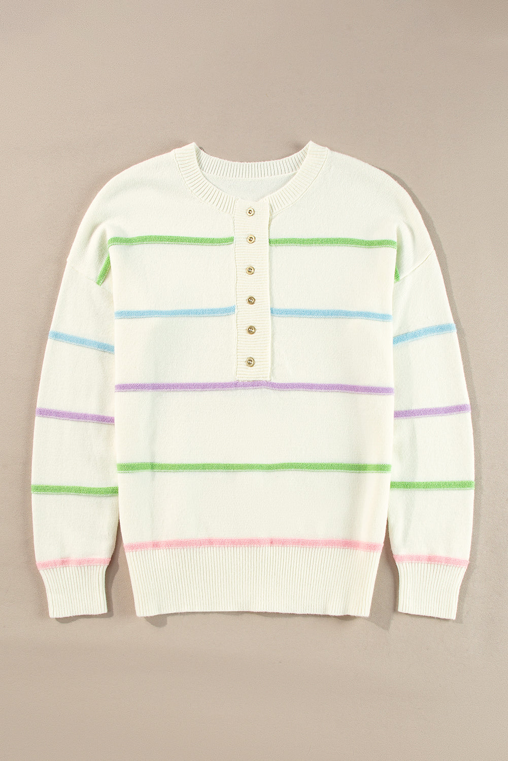 Tirar holgado de Henley blanco con rayas arcoiris y hombros caídos