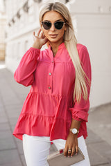 Blouse rose à manches longues et volants à moitié boutonnés-A WOMAN WE LOVE
