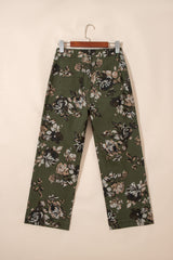 Jean droit vintage à imprimé floral avec poche plaquée carrée et ourlet brut vert