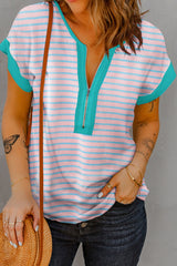 Short-sleeved and half-zip top with pink contrast stripes
