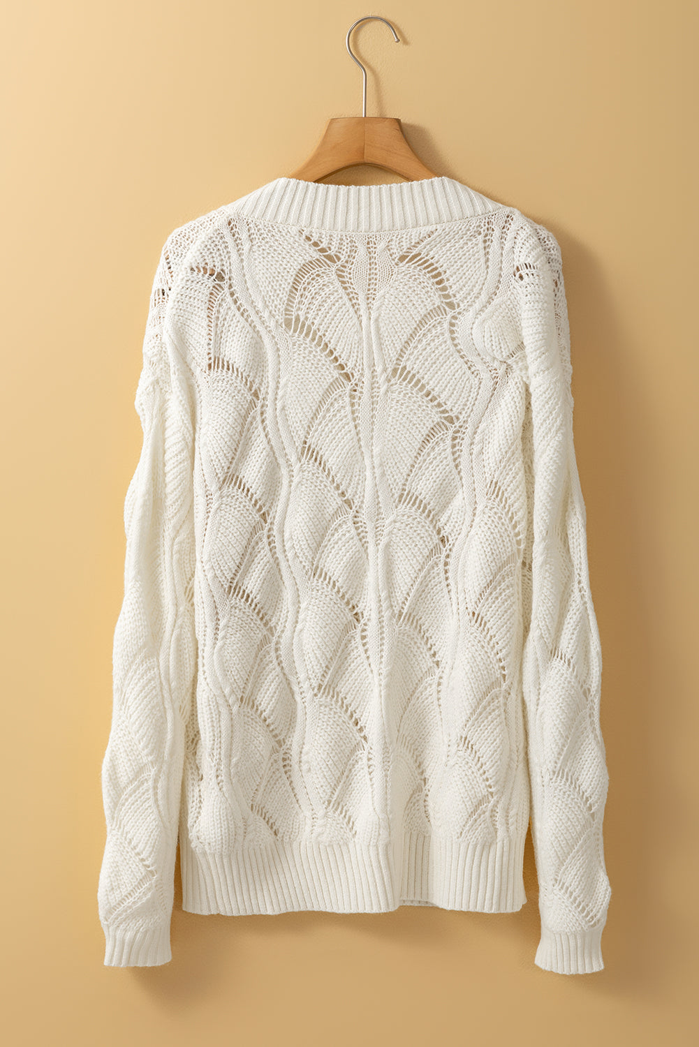 Beige sweater in openwork knit in v * collar