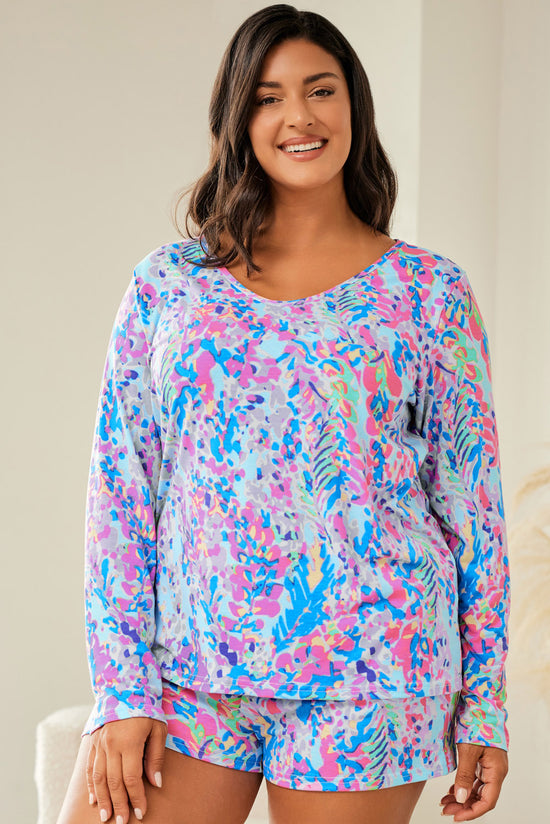 Plus Size Sky Blue Floral Print Long Sleeve Loungewear and Shorts