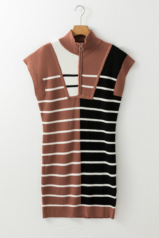 Black striped sweater dress and colored blocks, zipped collar, short sleeves