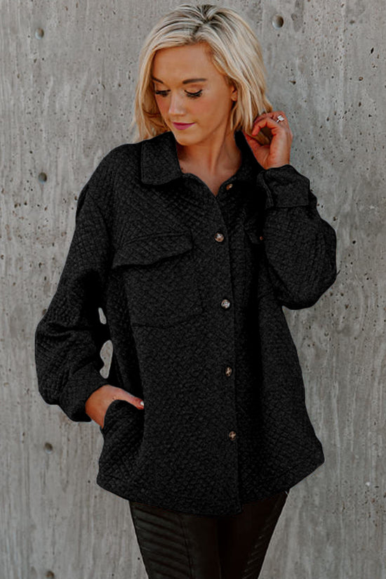 Retro padded black buttoned jacket with flap pocket