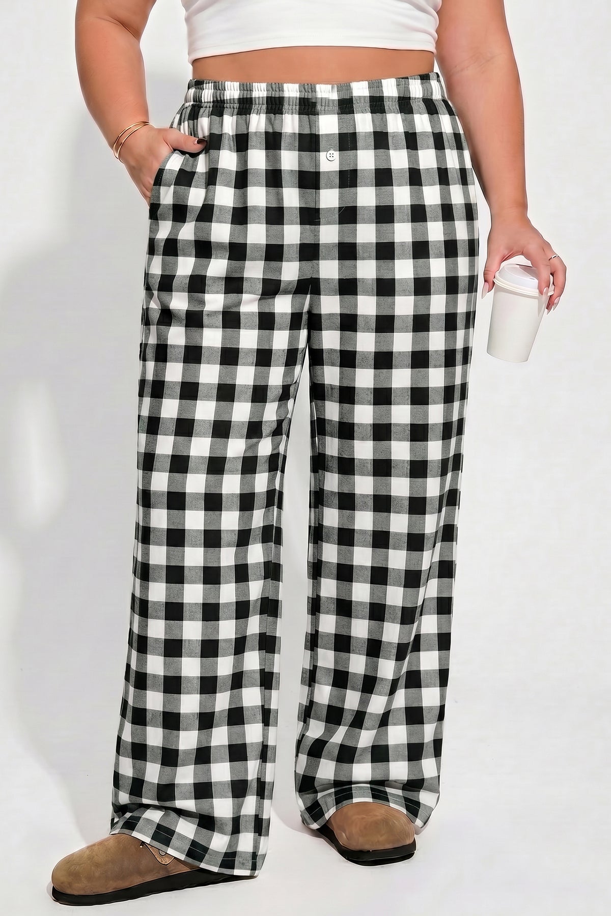 Pantalon noir à carreaux grande taille à taille élastiquée et poches