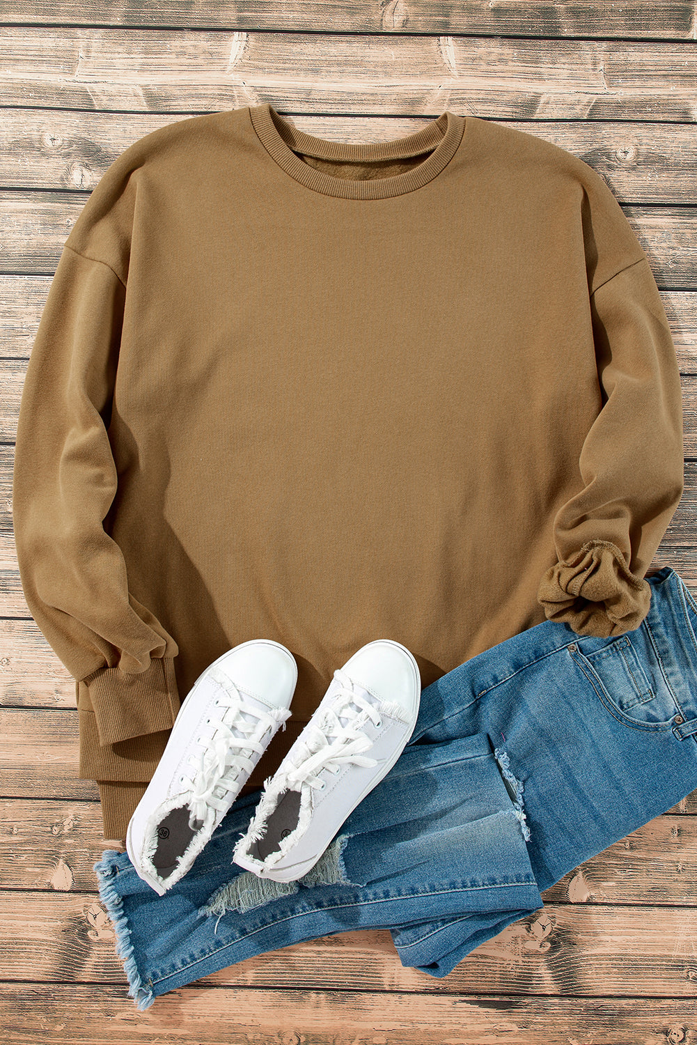 Solid camel fleece lined sweatshirt with dropped shoulders, top and bottom