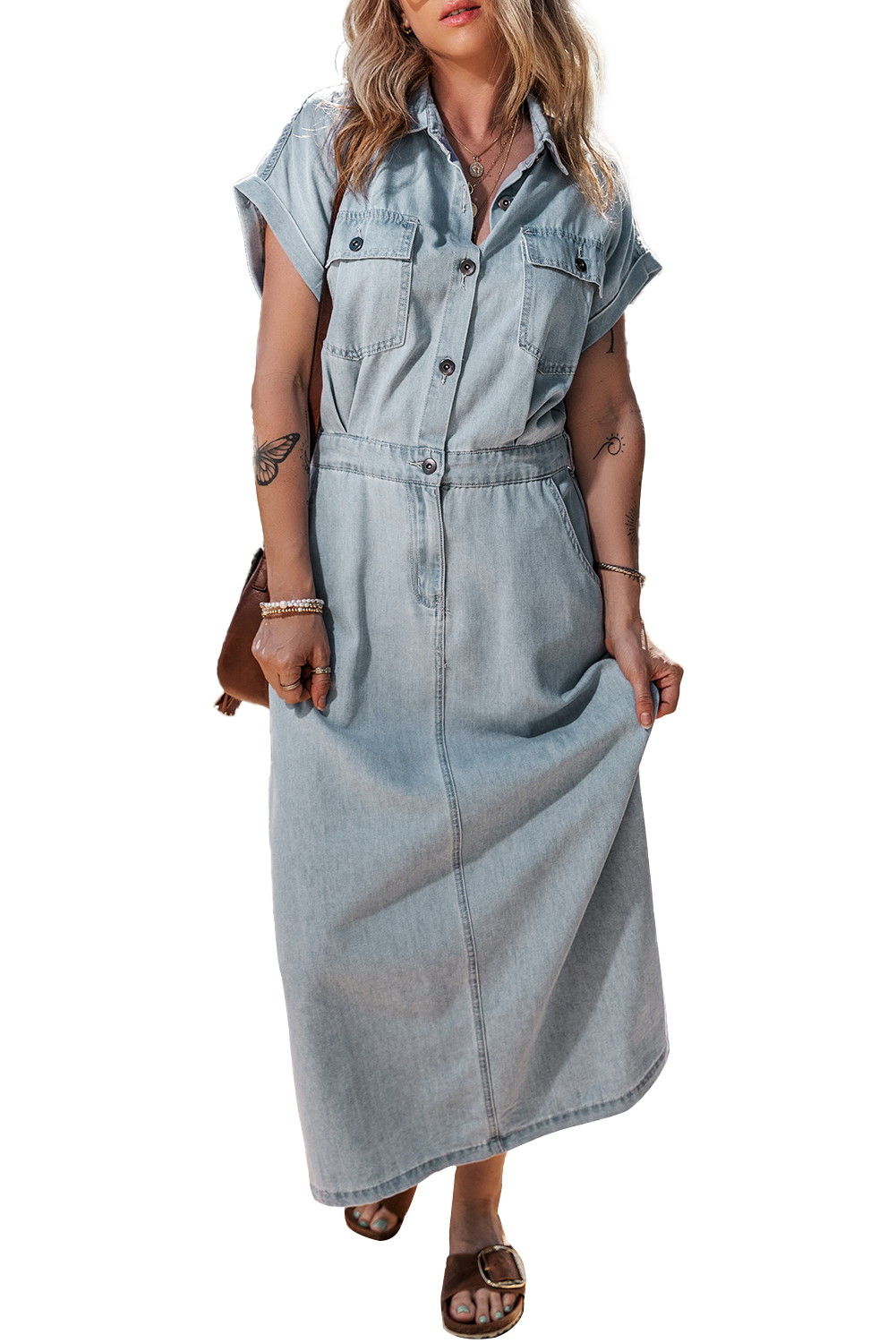 Beau Blue Short Batwing Sleeve Fit Back Denim Abito in denim