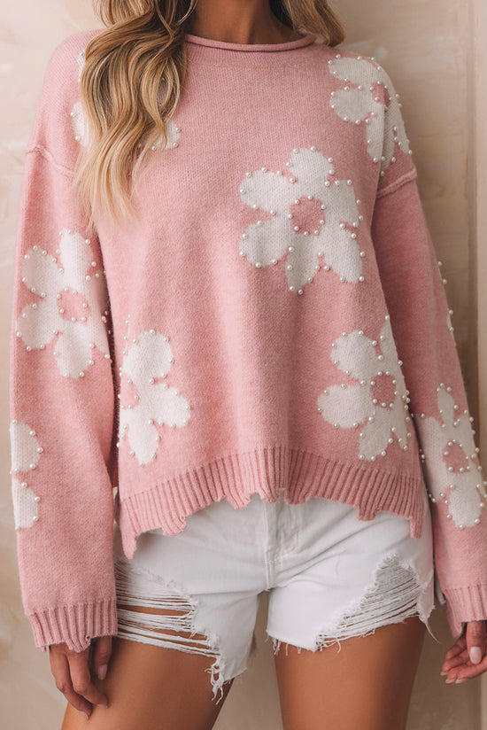 Multicolored shoulder sweater and pearl flowers