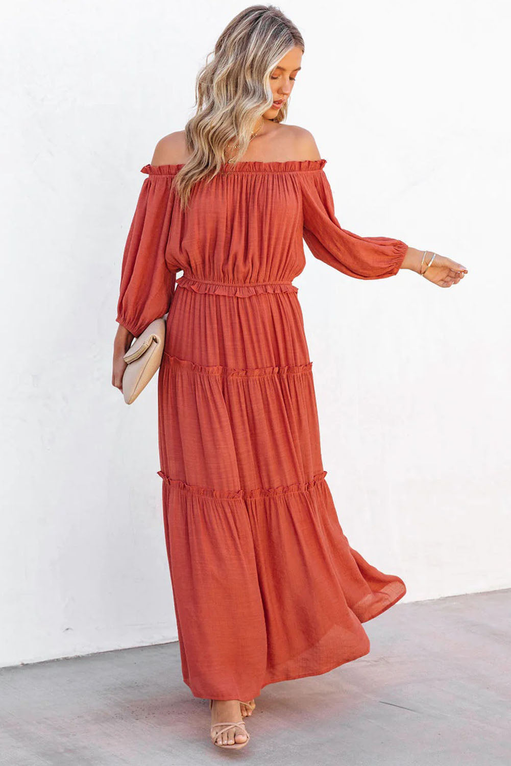 Orange Off Shoulder Balloon Sleeve Cutout Ruffled Maxi Dress