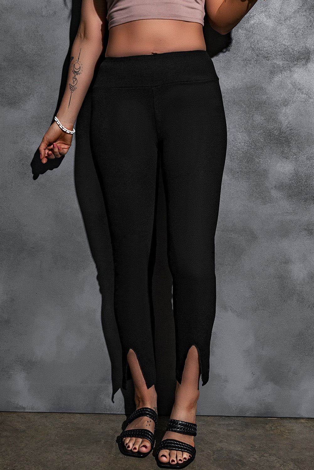 Black Ribbed Knit High Waisted Slit Leggings