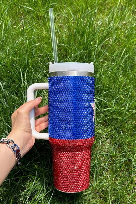 Copa con mango en diamantes de imitación y estrella de la bandera azul americana, 40 oz