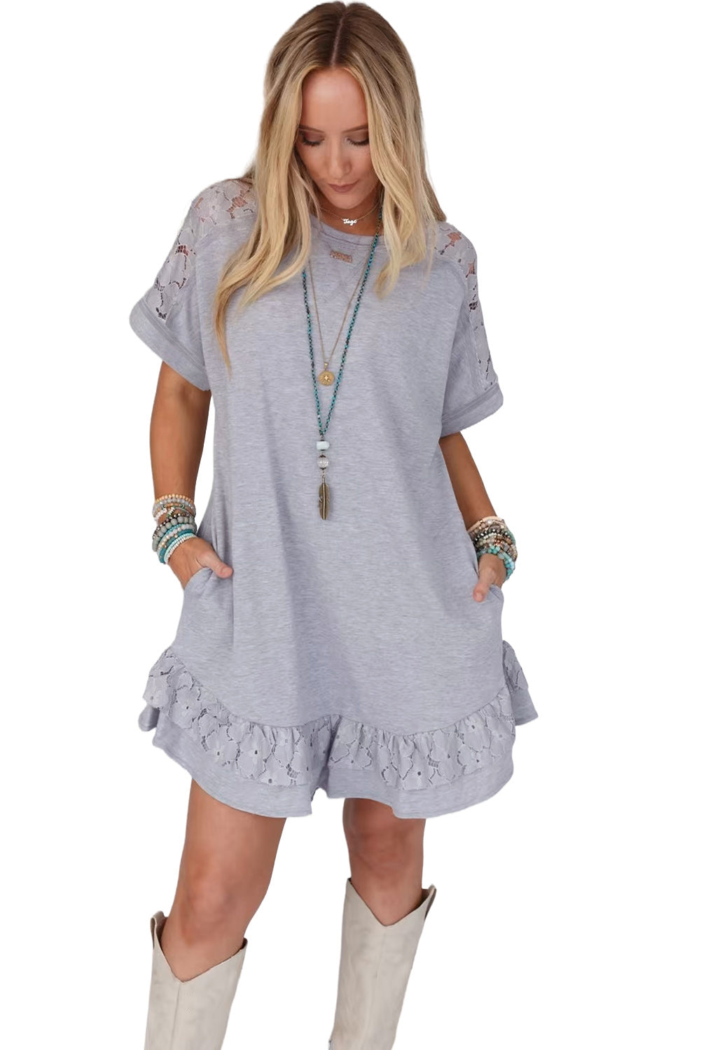 Robe T-shirt à volants floraux en dentelle gris clair