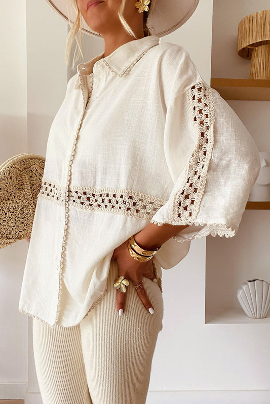 Patchward White Crochet Half mandeve Scallop Edge Shirt