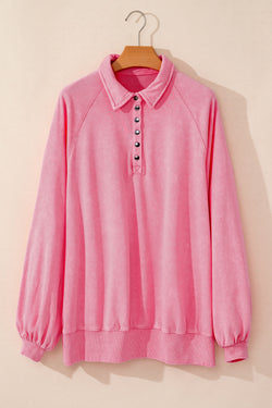 Oversized sweatshirt with balloon sleeves and snap collar in solid pink