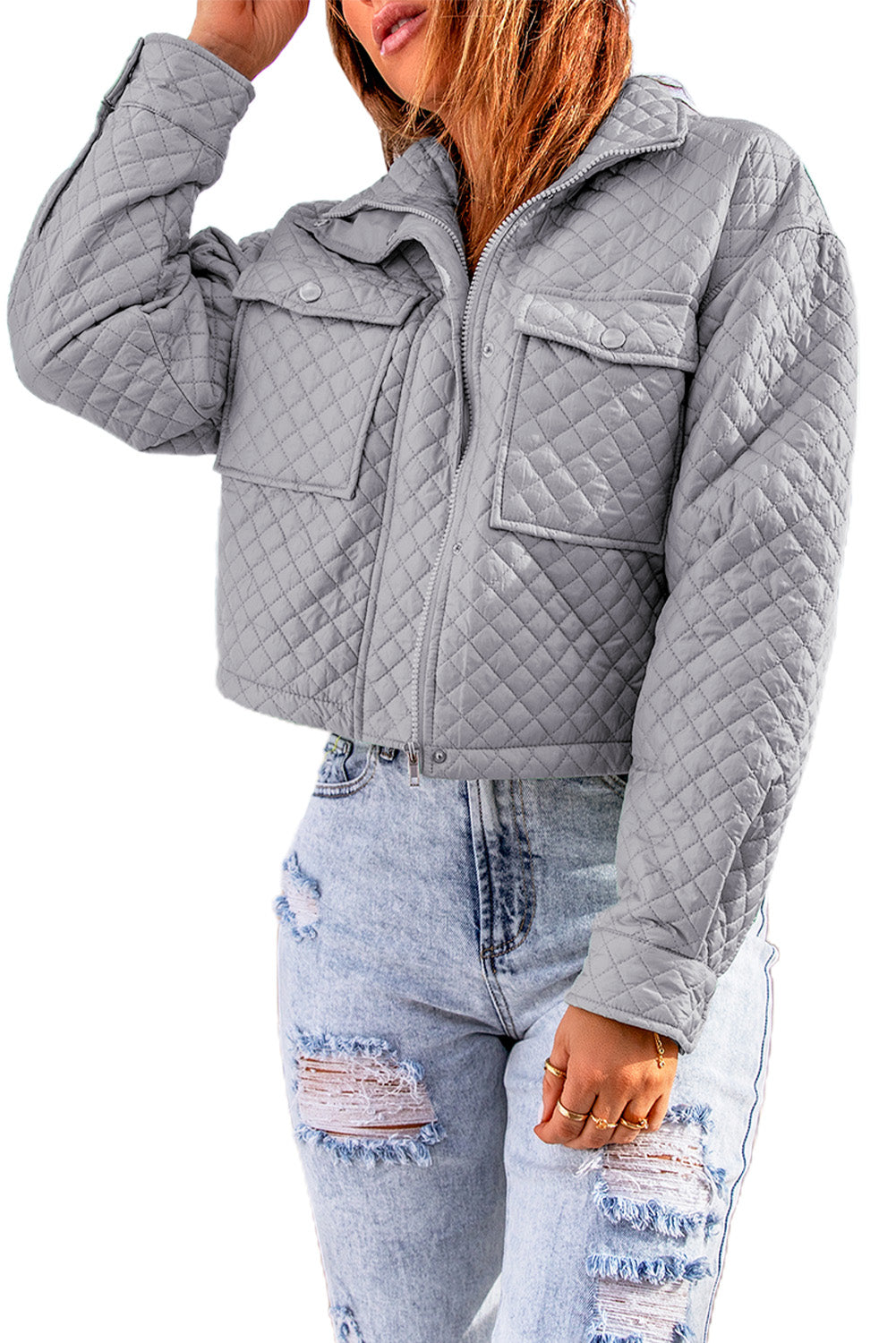 Veste courte zippée matelassée grise avec poches