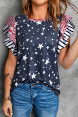 Gray striped t-shirt with fluffed sleeves and stars printed