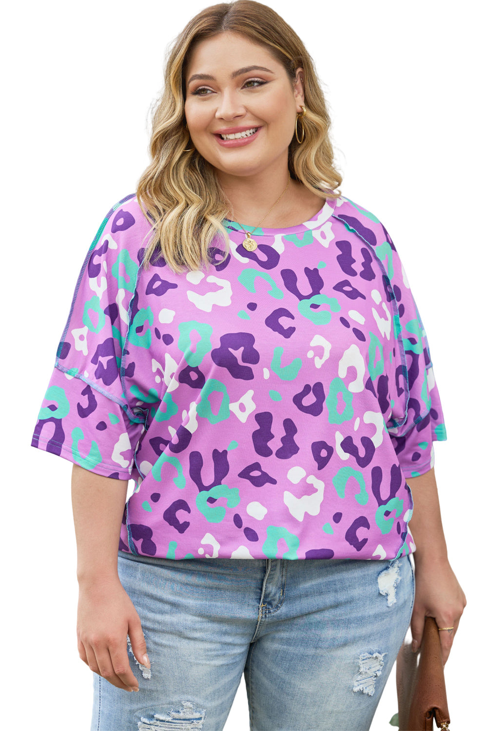 Purple Leopard Kiss Print Tun a manica corta Plus size