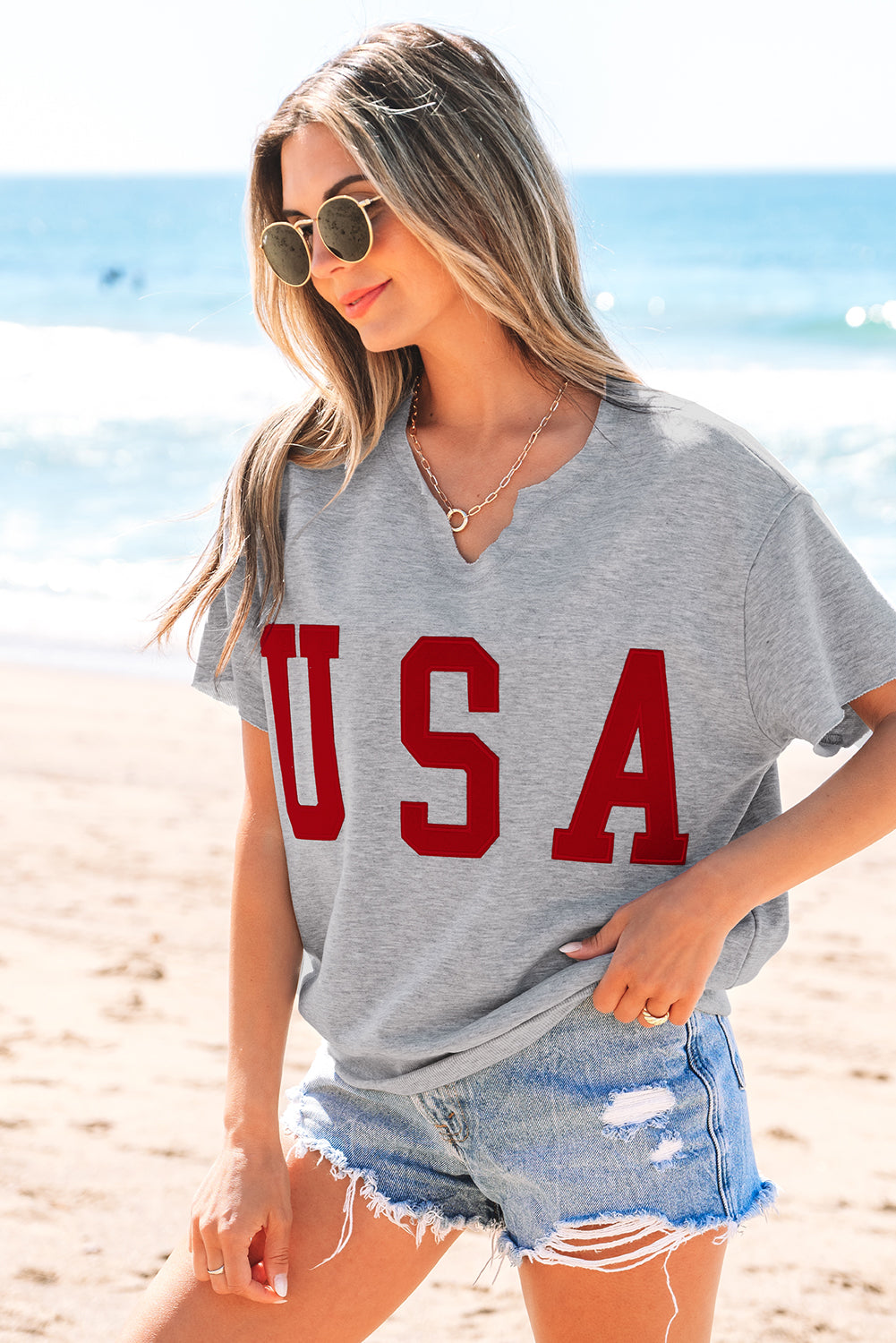 Light gray light t-shirt with lettering USA and notched collar