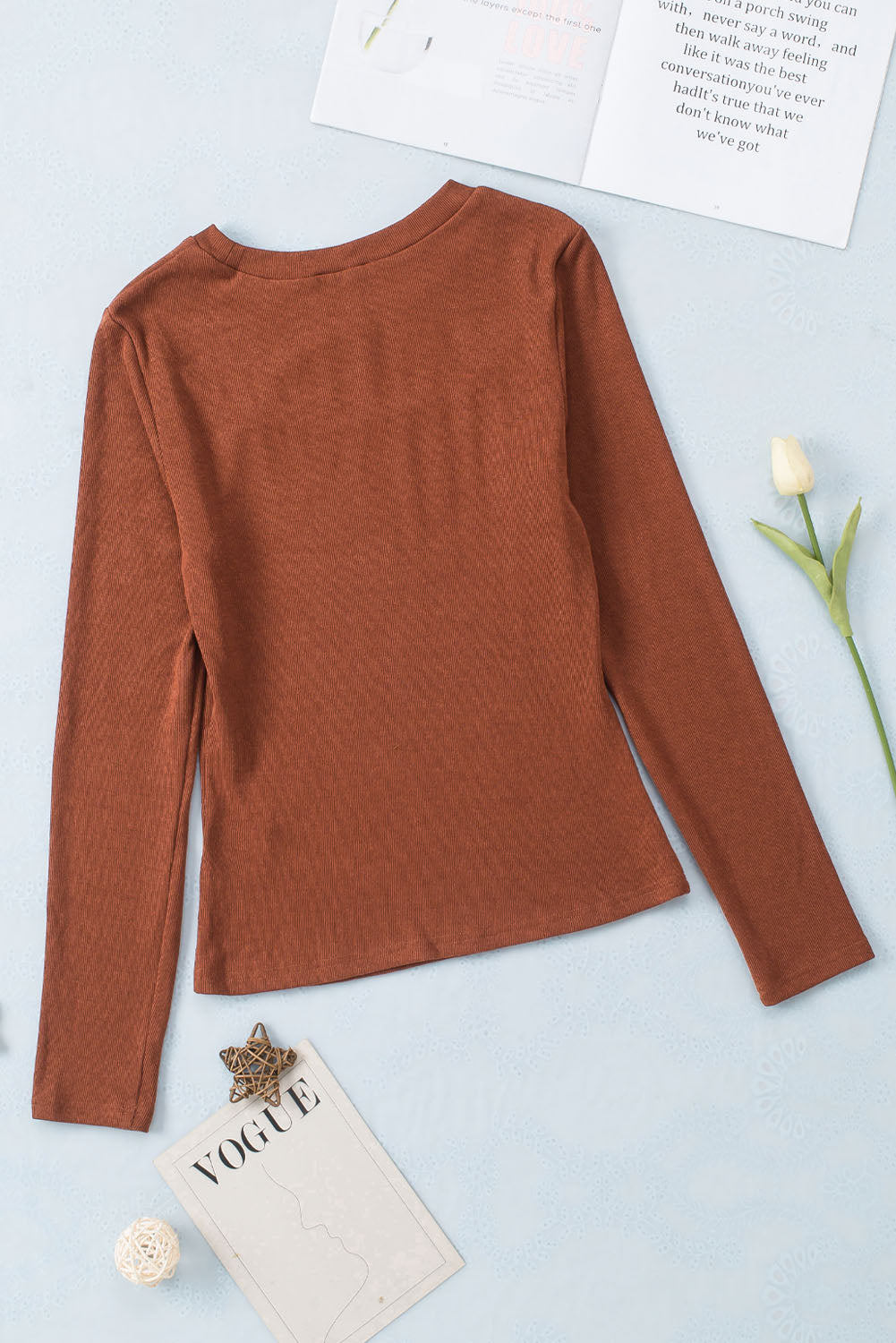 Brown Ribbed Peekaboo Cutout Long Sleeve Top