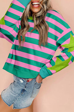 Pink striped and star patchwork crew neck sweatshirt