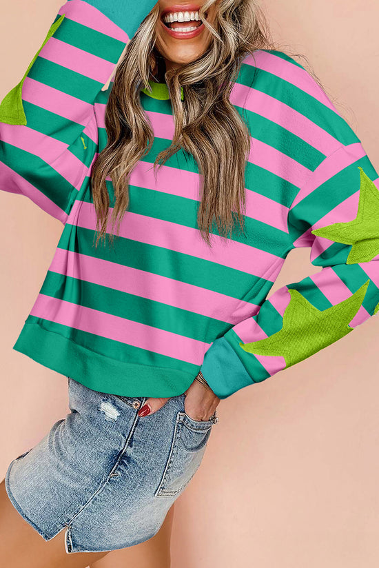 Pink striped and star patchwork crew neck sweatshirt