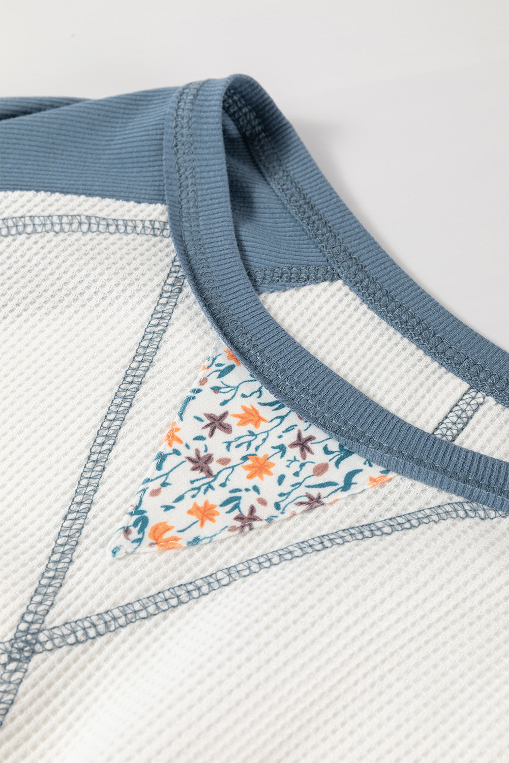 White Floral Patchwork Waffle Knit Raglan Top