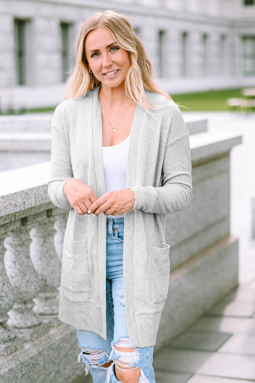 Light Grey Thermal Waffle Knit Pocket Cardigan