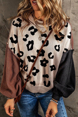 Coffee Leopard Print Color Block Sweater