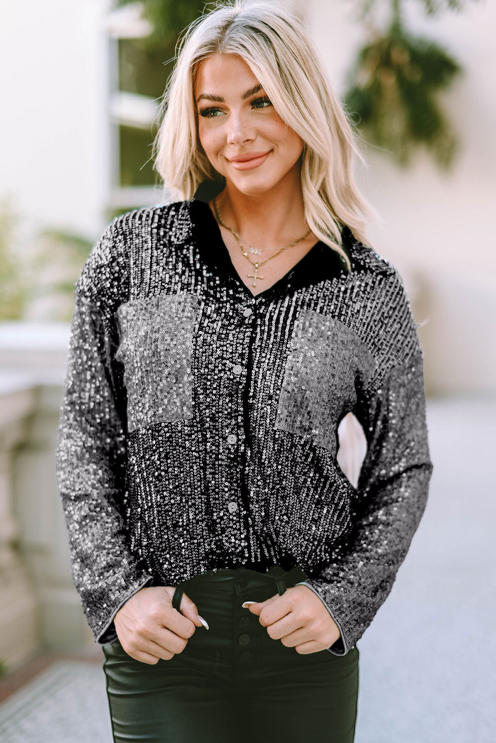 Gray Sequin Color Block Patch Pocket Shirt