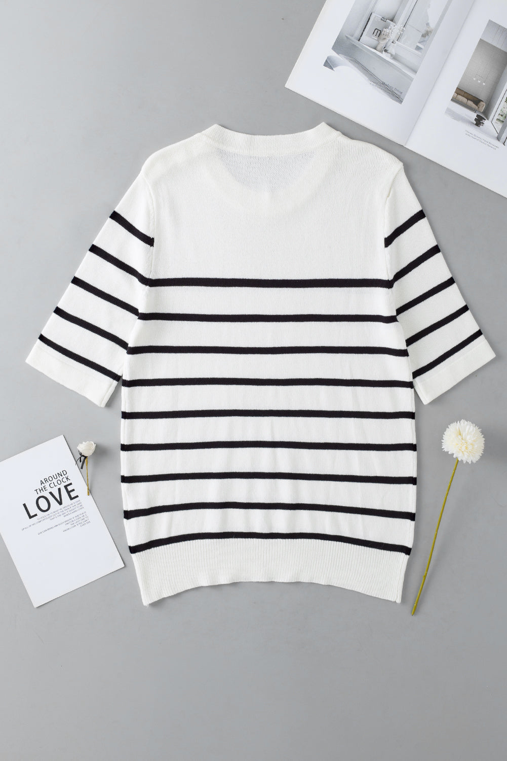 White Stripe Striped Half Sleeve Knitted Tee