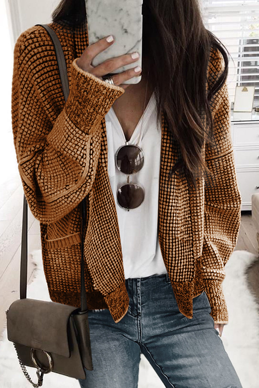 Brown cardigan with oversized collar in chunky waffle knit